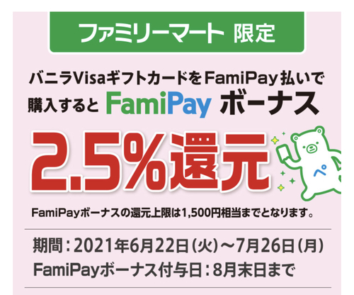 ファミマがアツイ 7月日曜は10 増量させたファミペイでバニラvisa買うと実質15 5 オフ