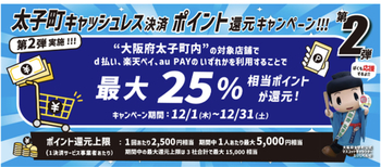 【大阪府太子町】なんと12月もやります！自治体キャッシュレス25%還元 au PAY・ｄ払い・楽天ペイ（12/1～12/31）