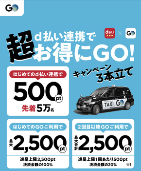 【2/5早期終了】【先着5万名】タクシーアプリGO、d払い連携のみでdポイント500ポイント！初利用なら2500円分まで実質無料で乗車！
