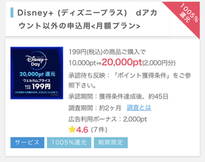 すごごごご！ディズニープラス初月199円キャンペーン！ポイントサイト経由で1801円のお小遣い！