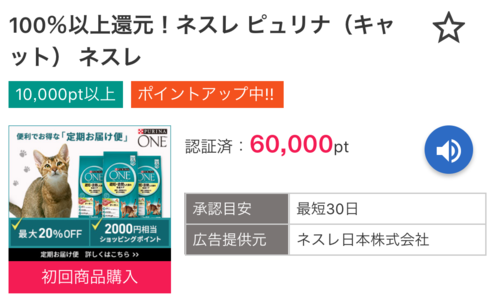 I2iポイント １万円キャンペーン １６日目ネスレピュリナ ２０００円のお小遣いももらえる